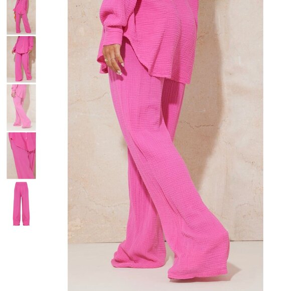 *Prettylittlething Hot Pink Crinkle Wide Leg Elasticated Waist Trousers NWT - Picture 3 of 8